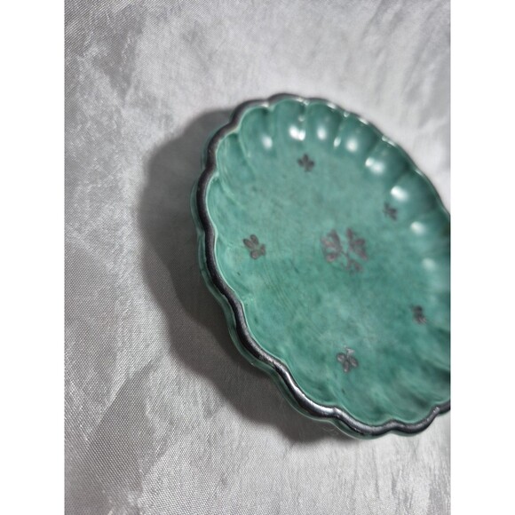VTG Gustavsberg Sweden Argenta Art Pottery Scallop Edge Dish Silver Detail #939 - Picture 3 of 15